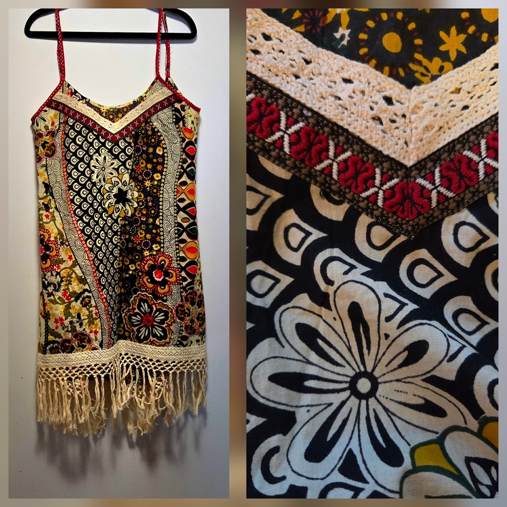 Vibrant Floral Print Dress with Crochet Accents